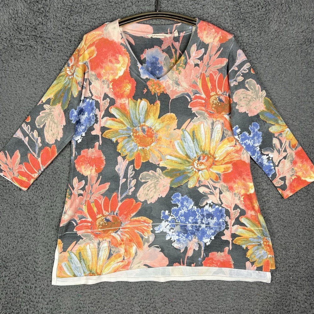 Soft Surroundings Shirt Tunic Petite Medium PM Watercolor Artsy Floral Painting